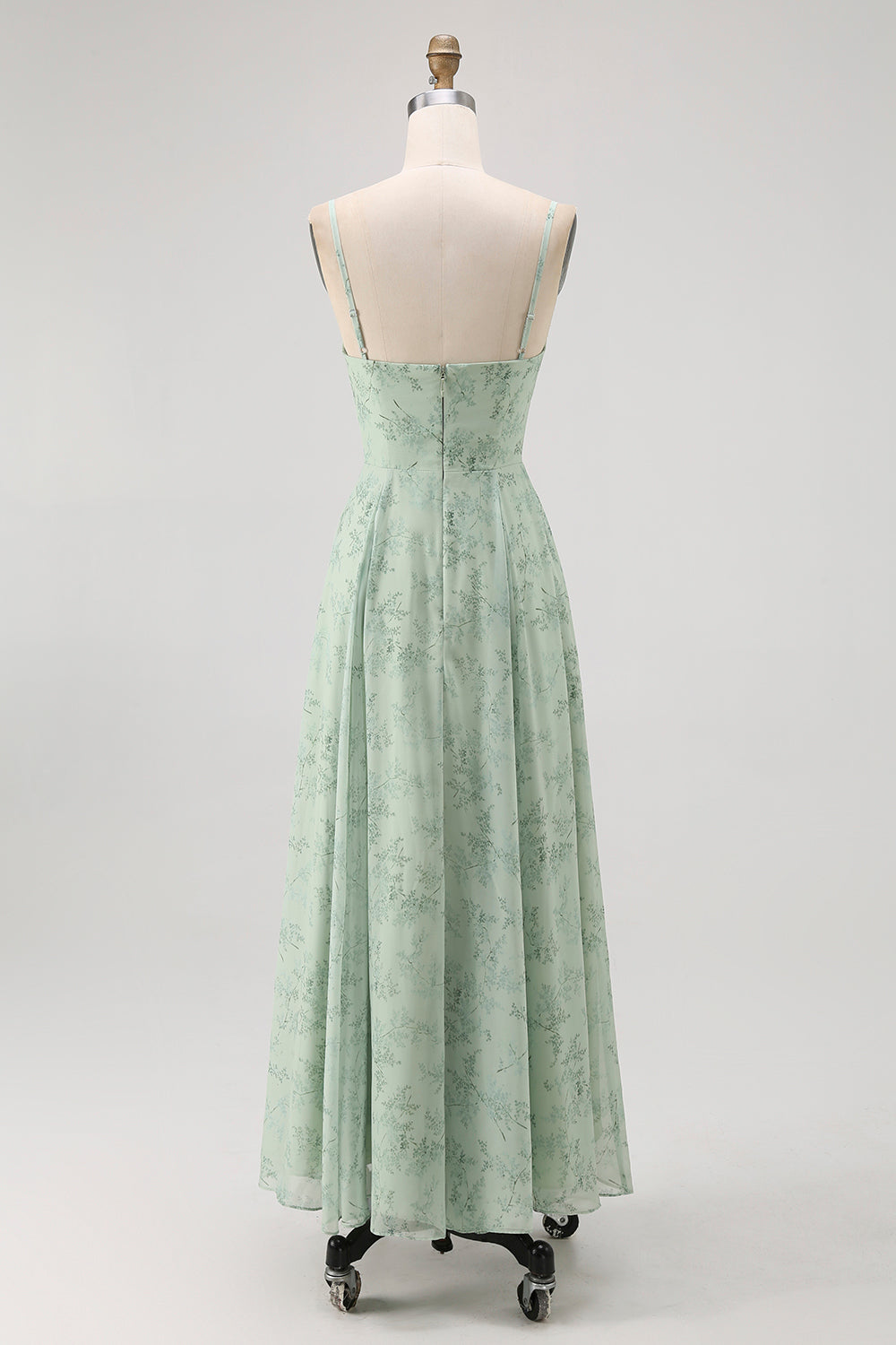 Dusty Sage Spaghetti Straps Chiffon A-Line Long Floral Wedding Guest Dress
