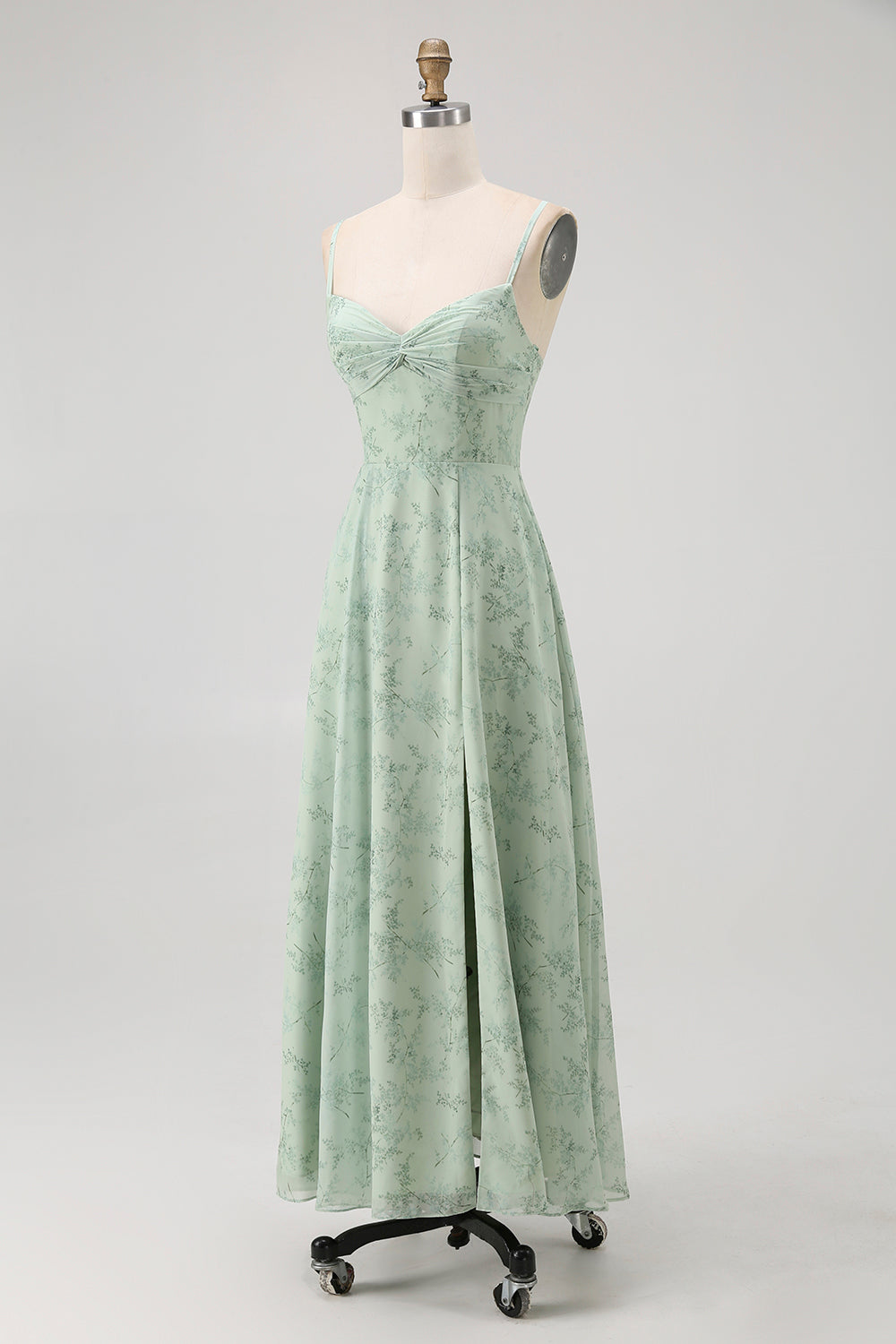 Dusty Sage Spaghetti Straps Chiffon A-Line Long Floral Wedding Guest Dress