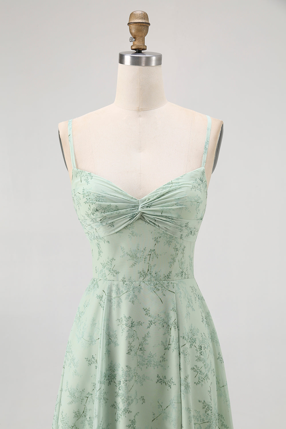 Dusty Sage Spaghetti Straps Chiffon A-Line Long Floral Wedding Guest Dress