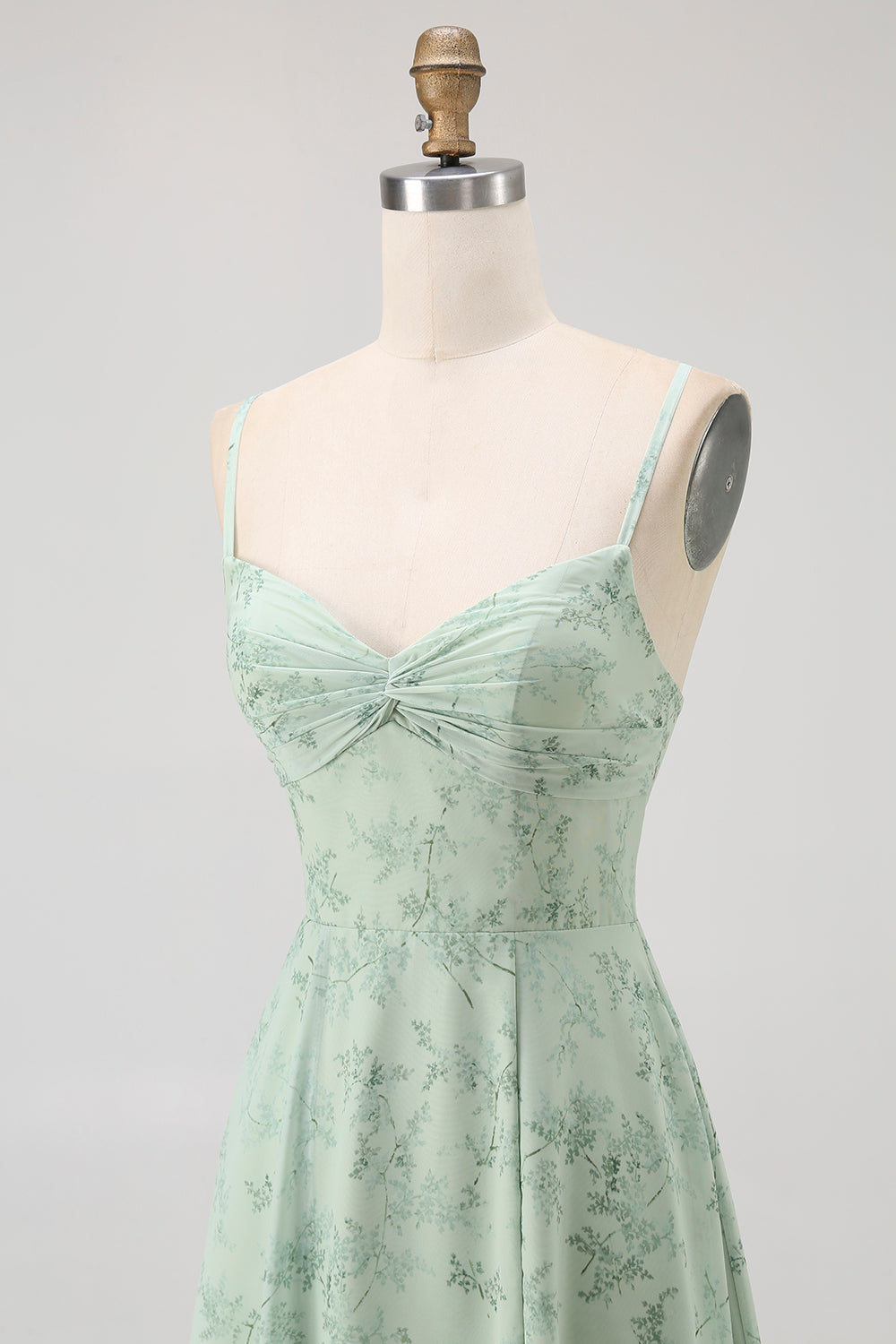 Dusty Sage Spaghetti Straps Chiffon A-Line Long Floral Wedding Guest Dress