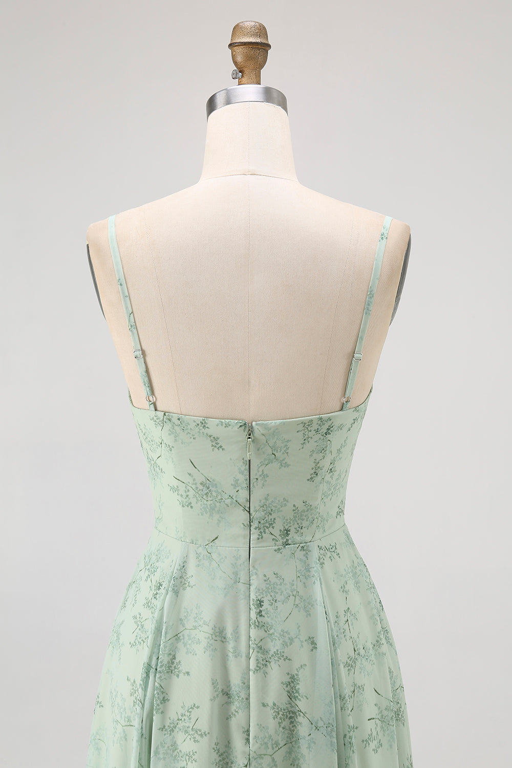 Dusty Sage Spaghetti Straps Chiffon A-Line Long Floral Wedding Guest Dress