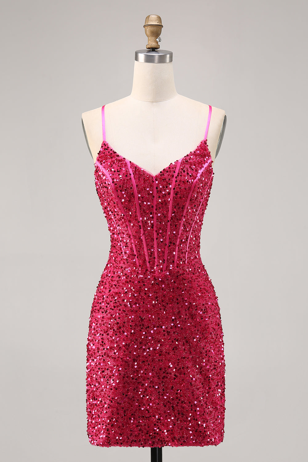 Sparkly Fuchsia Corset Tight Mini Sequins Prom Dress with Lace up Back