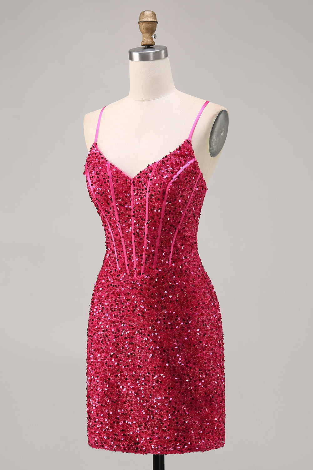 Sparkly Fuchsia Corset Tight Mini Sequins Prom Dress with Lace up Back