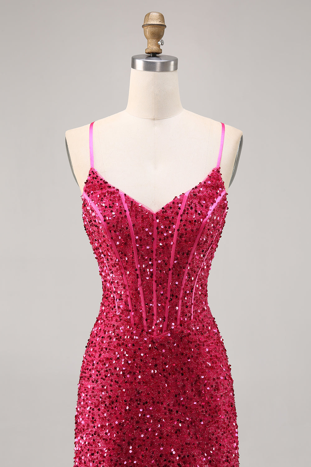 Sparkly Fuchsia Corset Tight Mini Sequins Prom Dress with Lace up Back