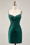 Sparkly Dark Green Corset Satin Tight Short Cocktail Dress with Beading