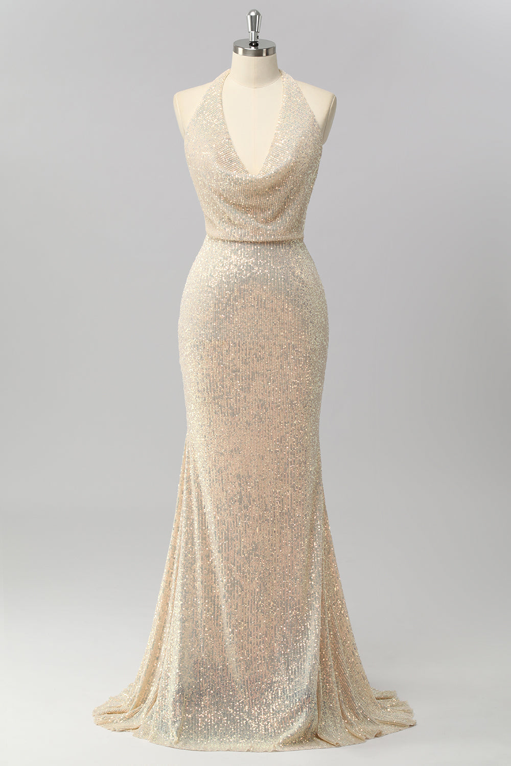 Sparkly Halter Apricot Sequin Mermaid Backless Long Prom Dress