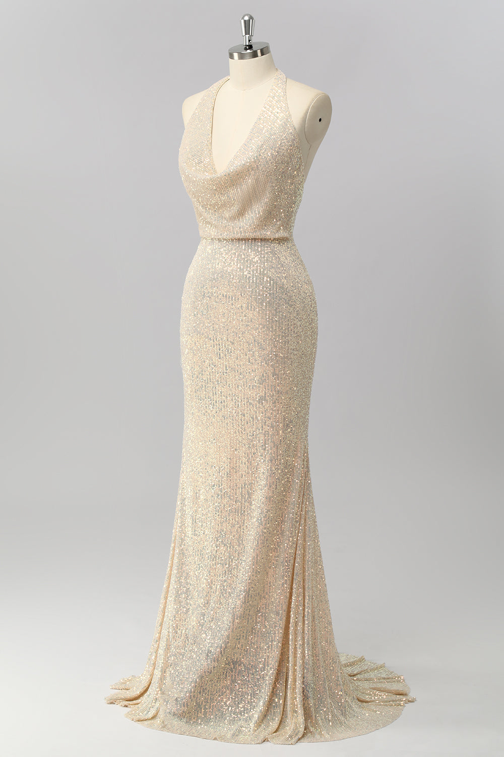 Sparkly Halter Apricot Sequin Mermaid Backless Long Prom Dress