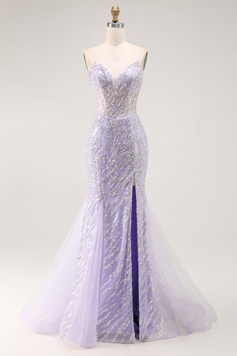 Sparkly Purple Corset Mermaid Sequins Long Prom Dress with Slit