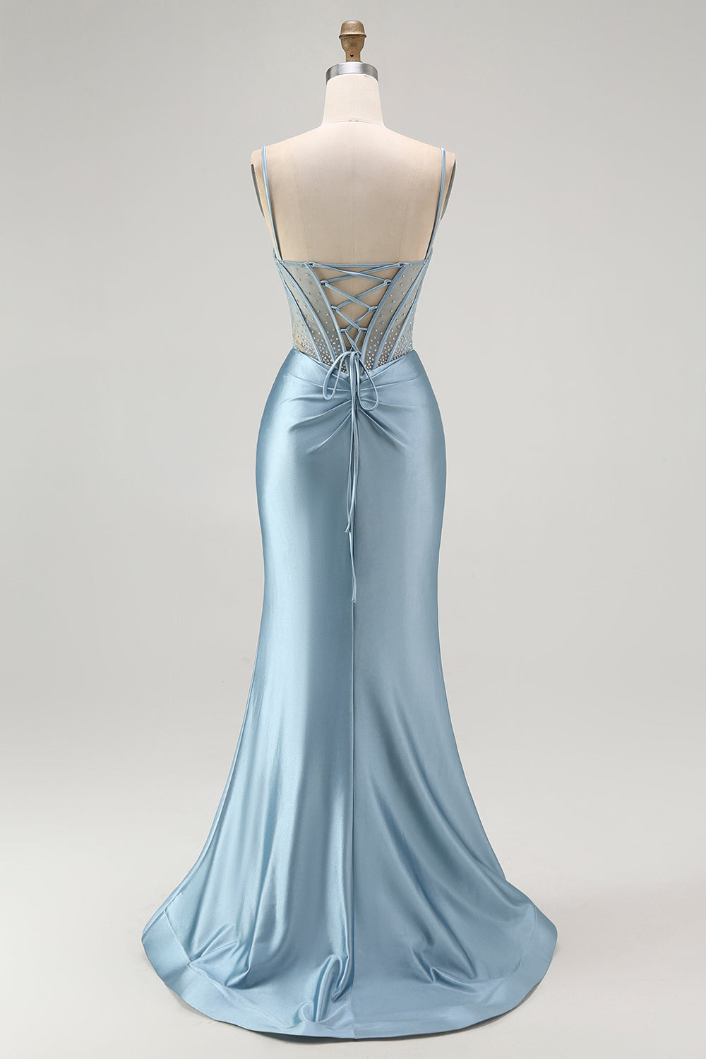 Sparkly Grey Blue Corset Mermaid Appliqued Maxi Prom Dress with Slit