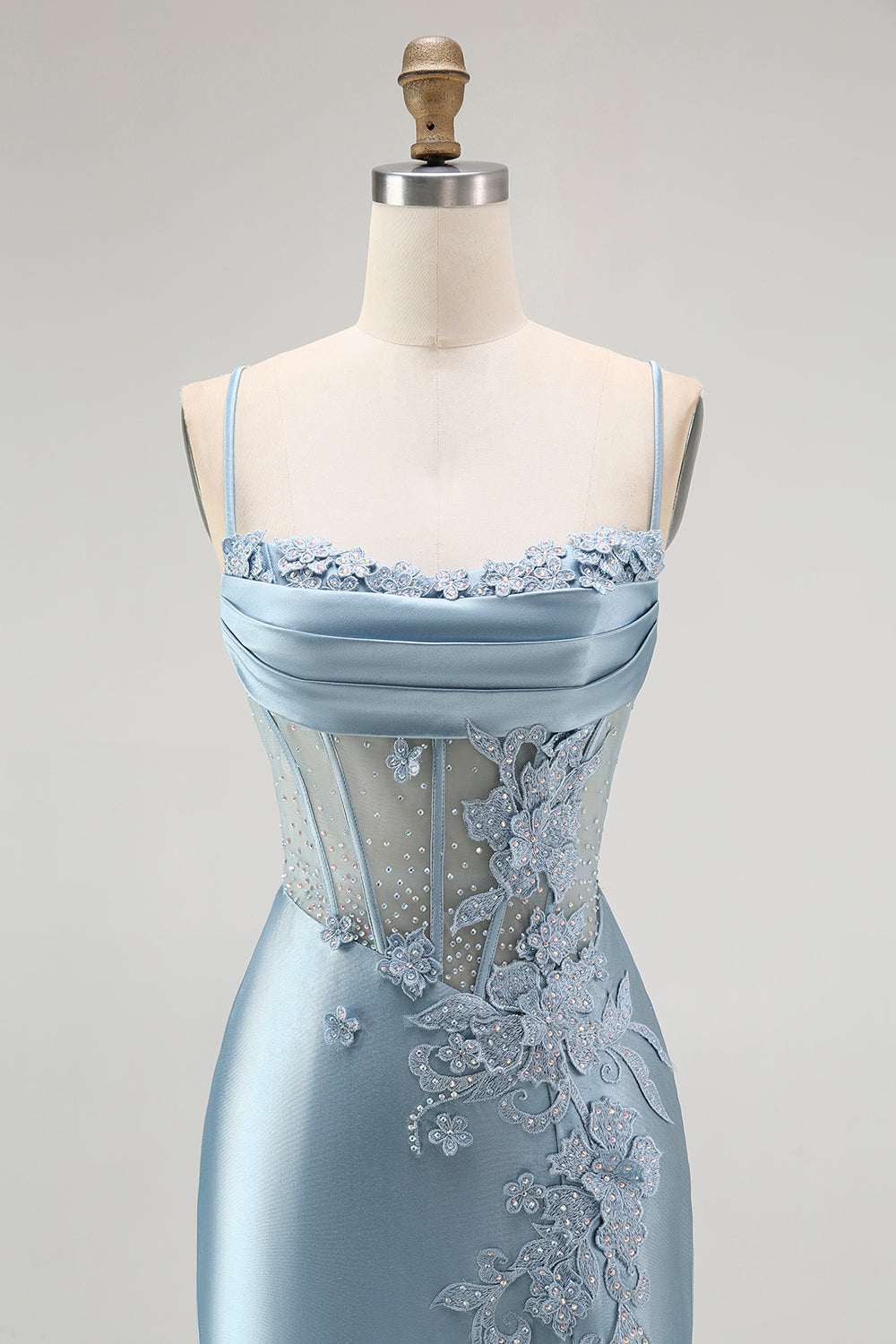 Sparkly Grey Blue Corset Mermaid Appliqued Maxi Prom Dress with Slit