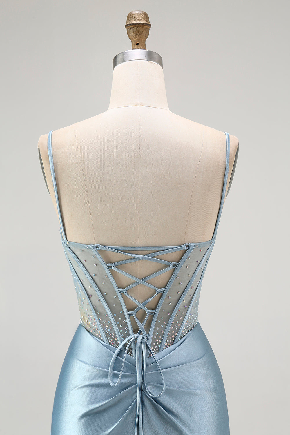 Sparkly Grey Blue Corset Mermaid Appliqued Maxi Prom Dress with Slit