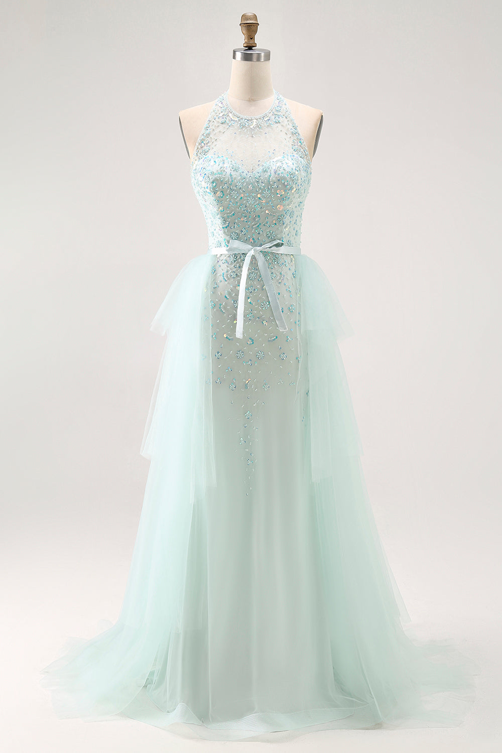 Sparkly Light Green Halter Beaded Long Prom Dress with Detachable Train