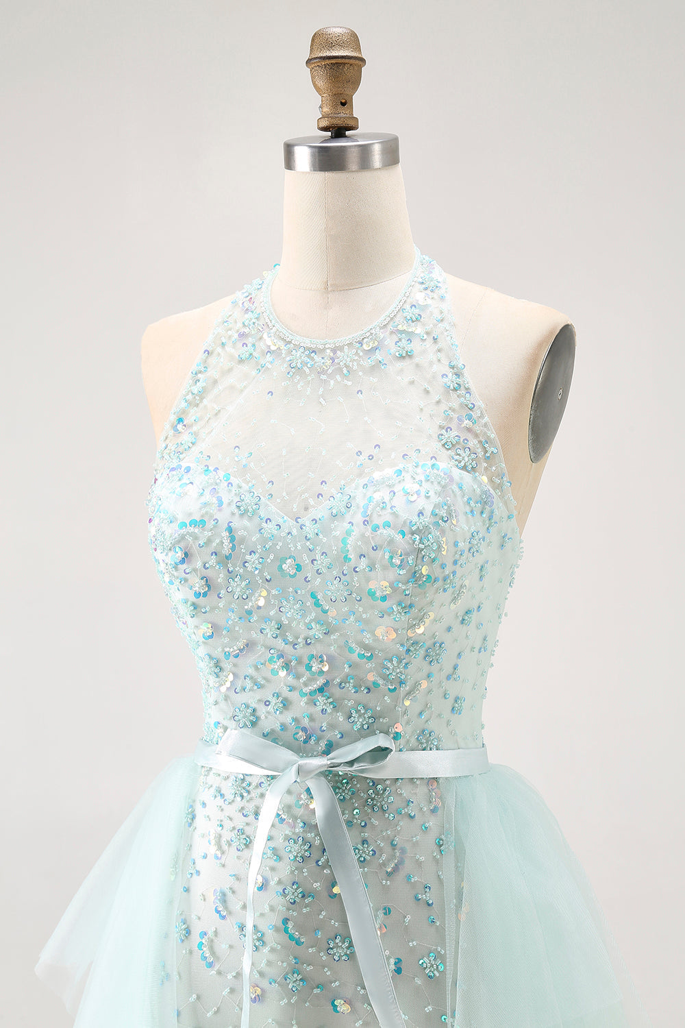 Sparkly Light Green Halter Beaded Long Prom Dress with Detachable Train