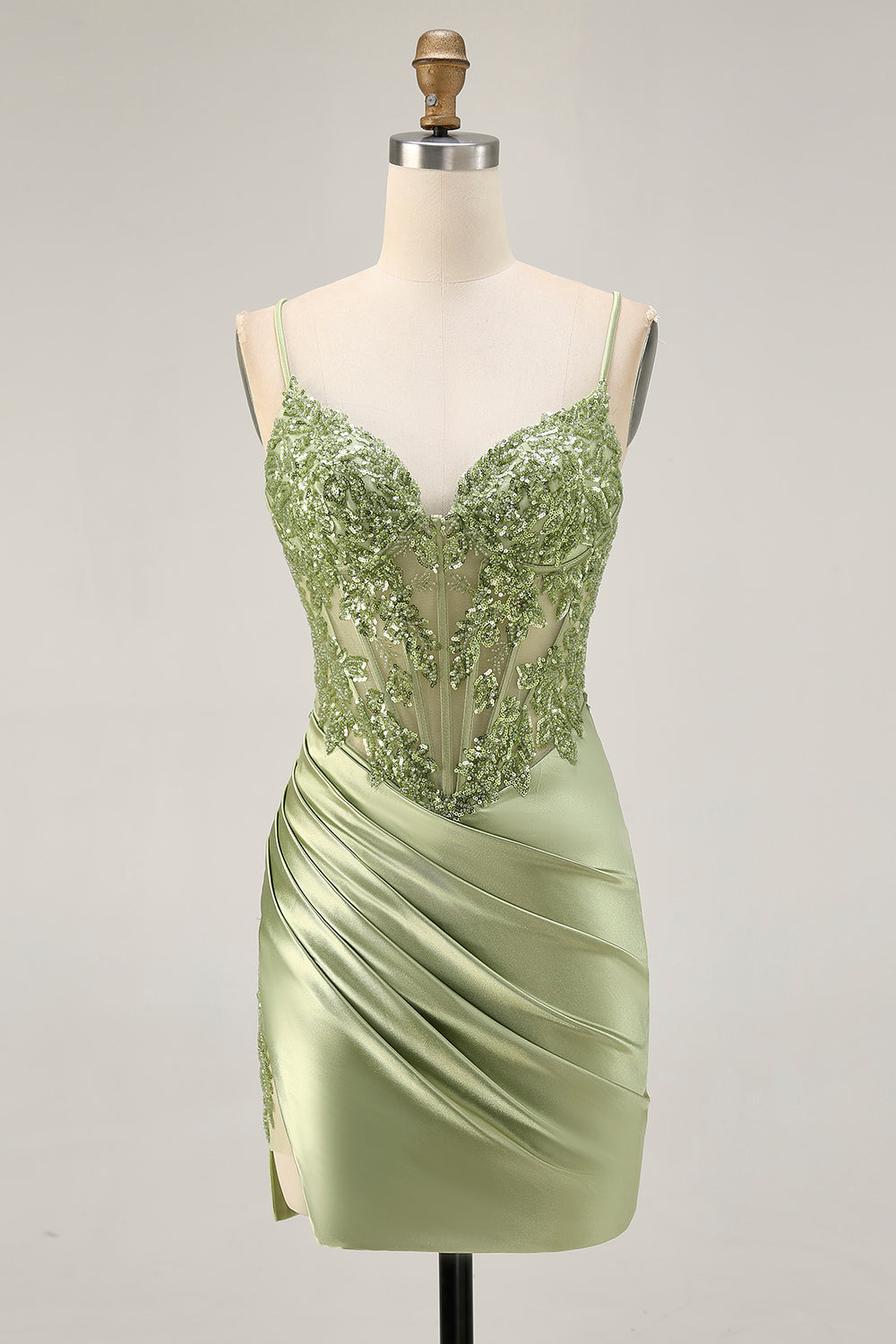 Sparkly Satin Sage Green Tight Short Corset Cocktail Dress with Sequins