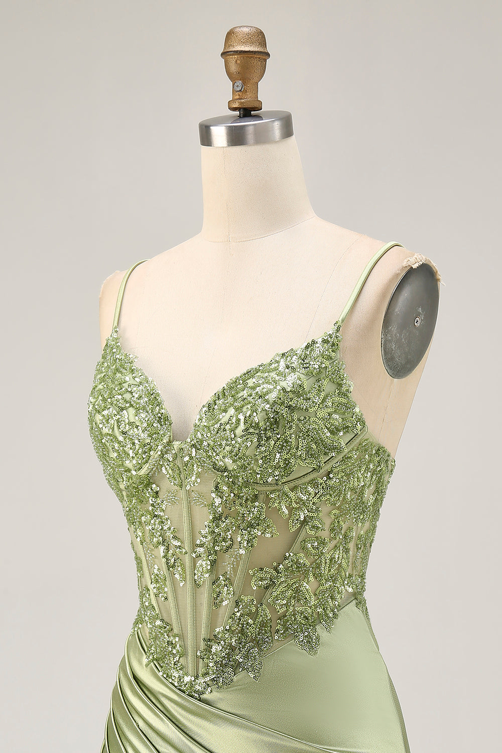 Sparkly Satin Sage Green Tight Short Corset Cocktail Dress with Sequins