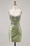 Sparkly Sage Green Tight Corset Short Cocktail Dress with Rhinestones