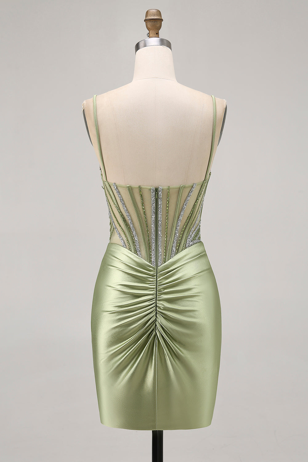 Sparkly Sage Green Tight Corset Short Cocktail Dress with Rhinestones