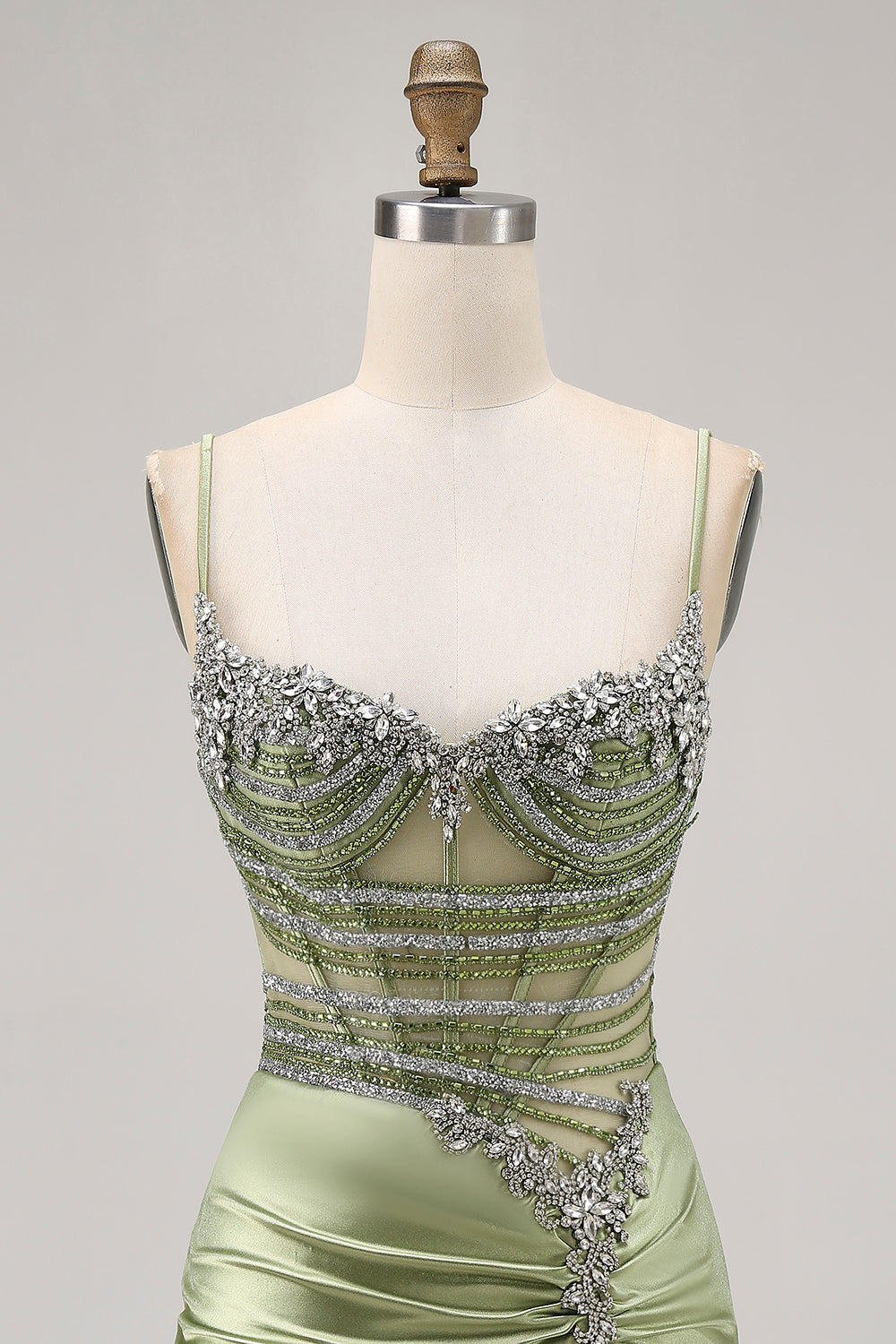 Sparkly Sage Green Tight Corset Short Cocktail Dress with Rhinestones