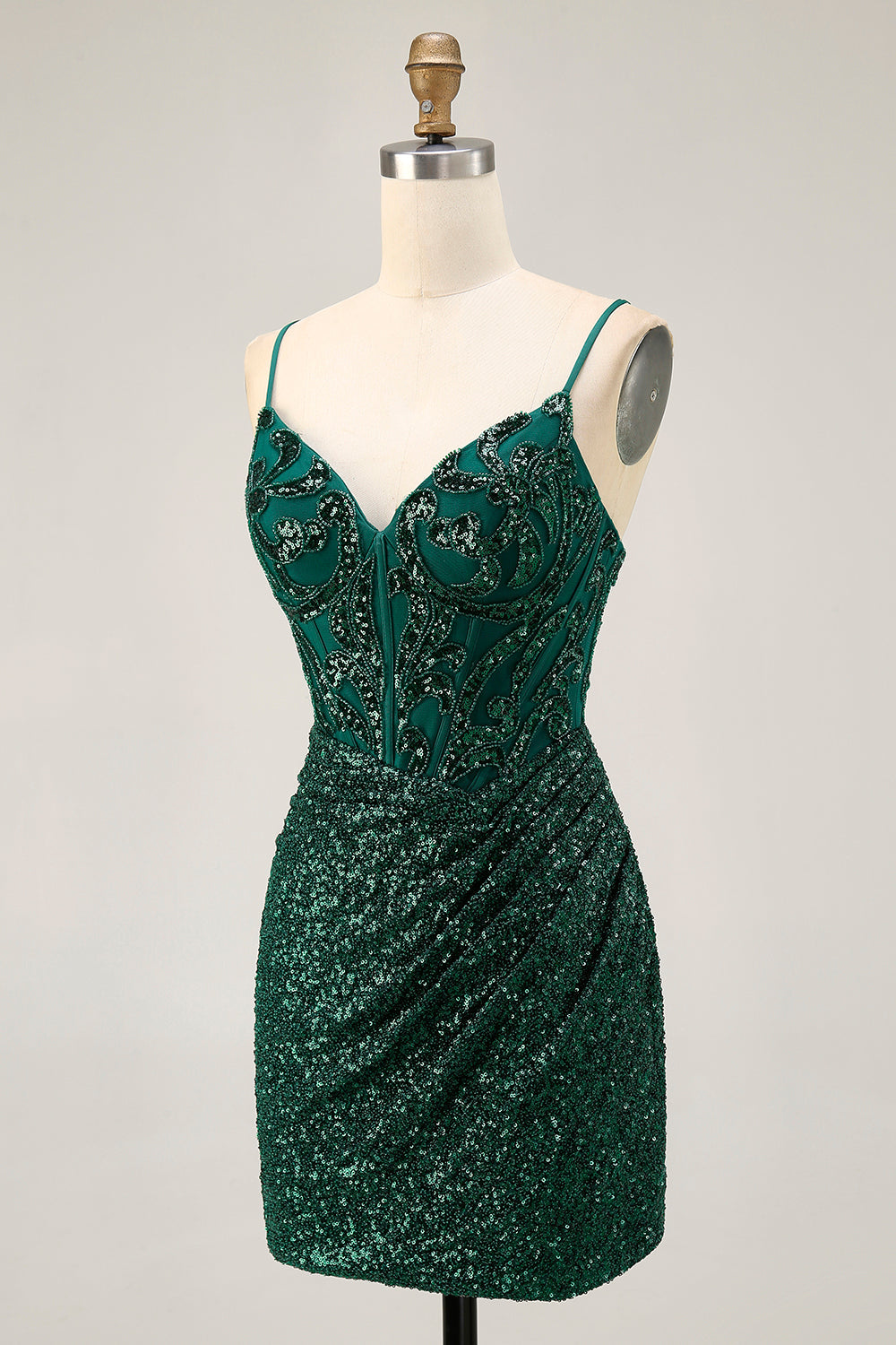Sparkly Sequin Dark Green Corset V-Neck Short Cocktail Dress