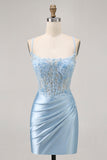 Sparkly Blue Corset Tight Satin Short Cocktail Dress with Lace