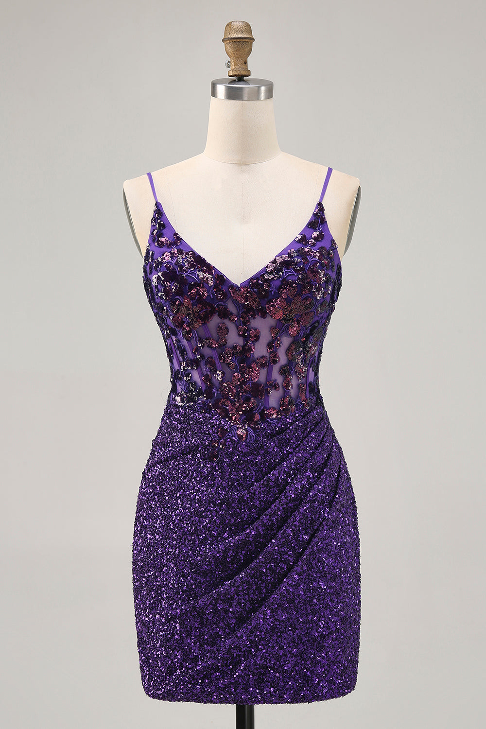 Sparkly Tight Dark Purple Sequin Short Corset Prom Dress