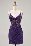 Sparkly Tight Dark Purple Sequin Short Corset Prom Dress