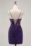 Sparkly Tight Dark Purple Sequin Short Corset Prom Dress