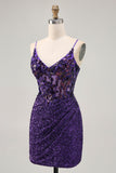 Sparkly Tight Dark Purple Sequin Short Corset Prom Dress