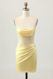 Yellow Corset Strapless Tight Short Cocktail Dress with Lace