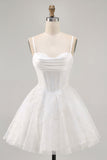 White Spaghetti Straps Corset Short Cocktail Dress with Lace