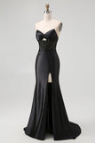 Black Sweetheart Satin Mermaid Long Corset Prom Dress with Beading