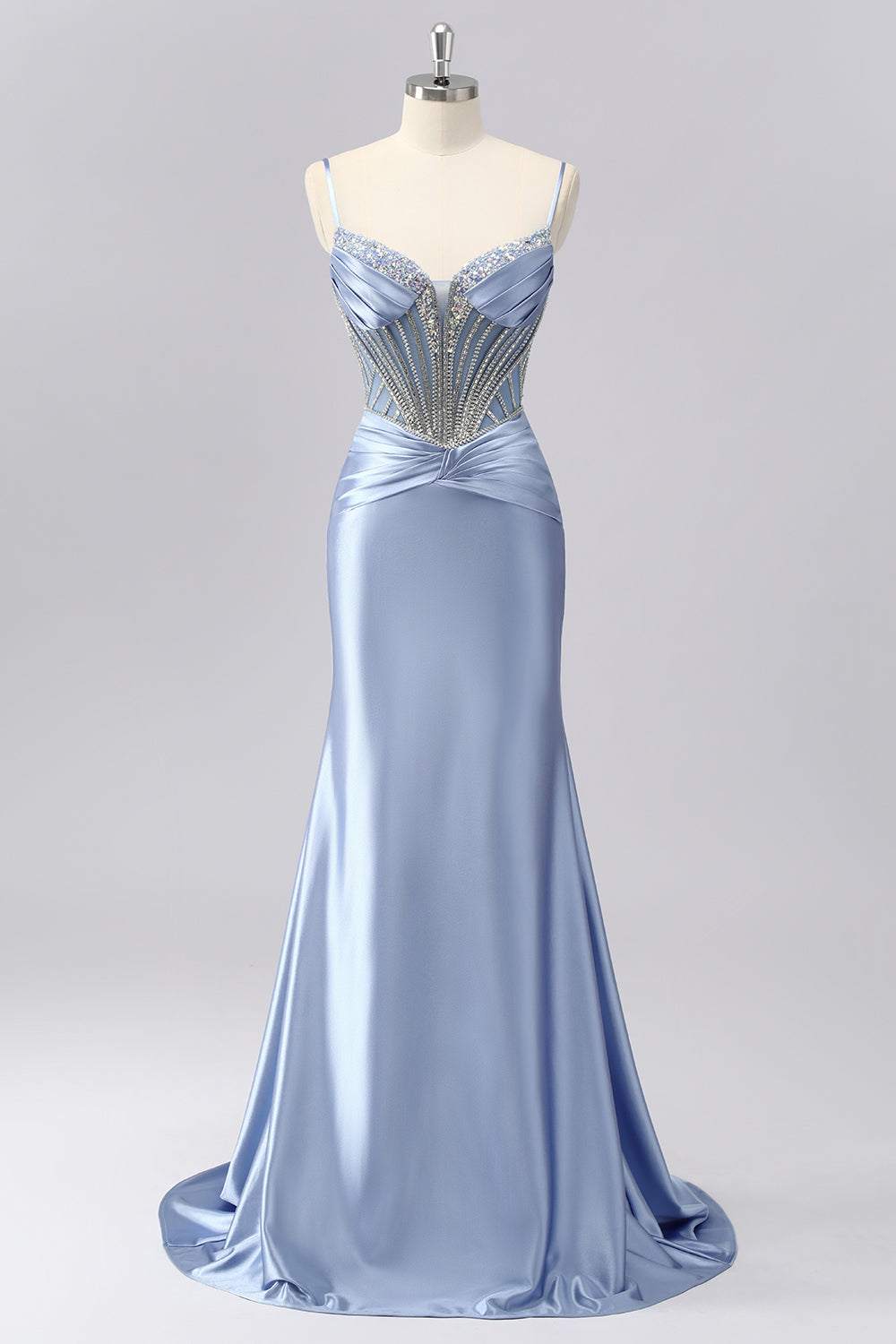 Grey Blue Mermaid Spaghetti Straps Sparkly Maxi Prom Dress with Beading