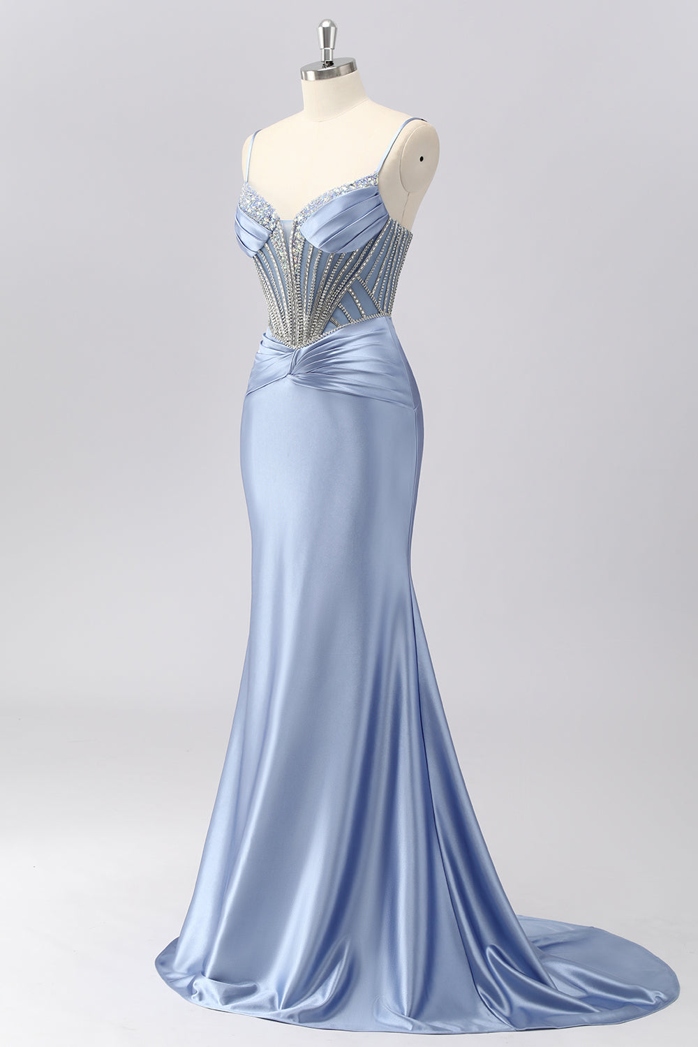 Grey Blue Mermaid Spaghetti Straps Sparkly Maxi Prom Dress with Beading