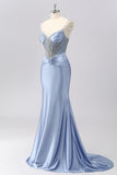 Grey Blue Mermaid Spaghetti Straps Sparkly Maxi Prom Dress with Beading