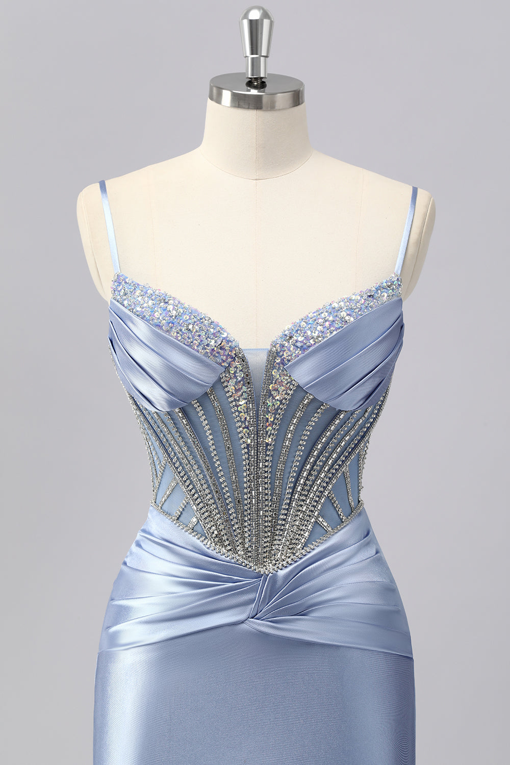 Grey Blue Mermaid Spaghetti Straps Sparkly Maxi Prom Dress with Beading