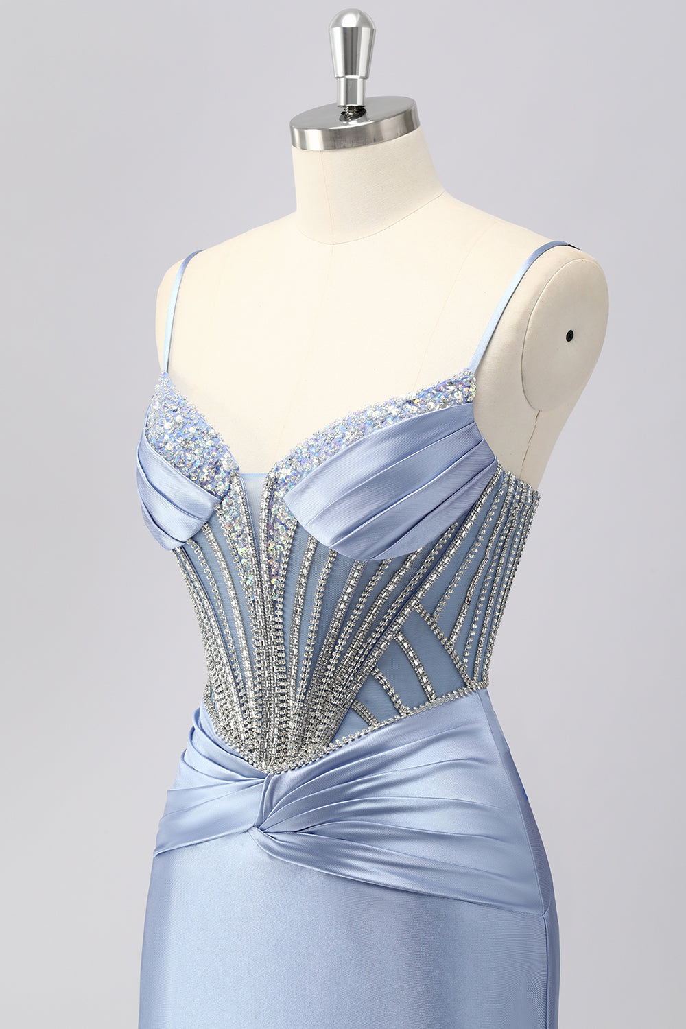 Grey Blue Mermaid Spaghetti Straps Sparkly Maxi Prom Dress with Beading