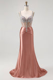 Sparkly Blush Corset Spaghetti Straps Mermaid Satin Maxi Prom Dress