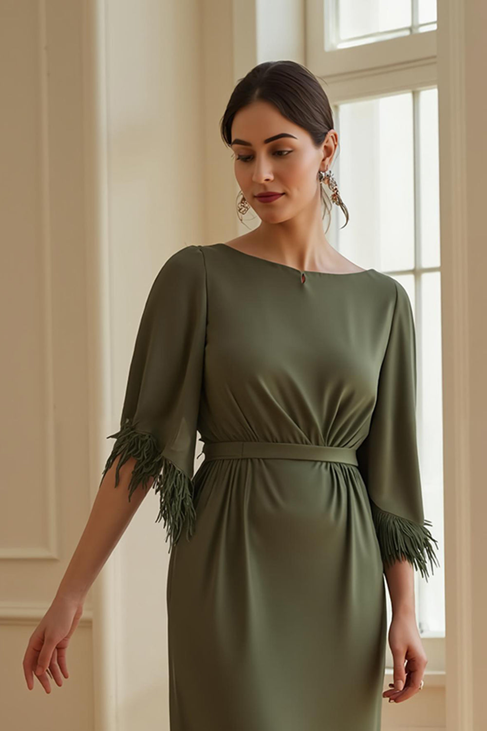 Olive Sheath Boat Neck Maxi Wedding Guest Dress with Fringes