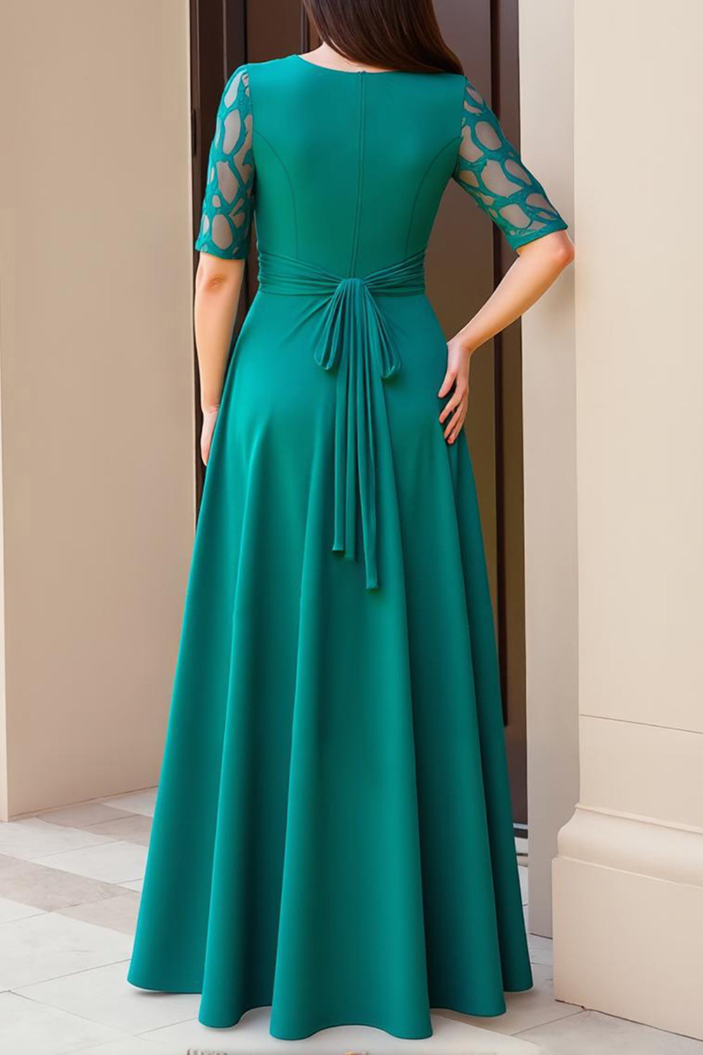 Pine Chiffon Boat Neck Long Wedding Guest Dress with Sleeves