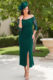 Dark Green Sheath Off the Shoulder Long Wedding Guest Dress with Slit