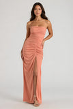 Sunset Sheath Spaghetti Straps Ruched Long Bridesmaid Dress with Slit
