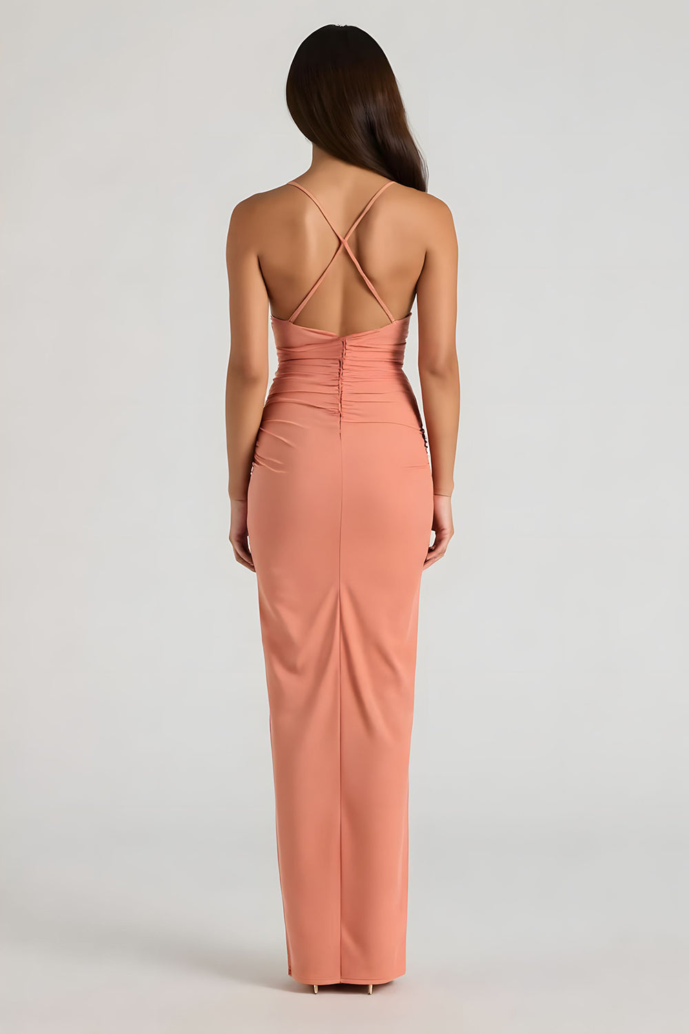 Sunset Sheath Spaghetti Straps Ruched Long Bridesmaid Dress with Slit