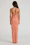 Sunset Sheath Spaghetti Straps Ruched Long Bridesmaid Dress with Slit