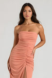 Sunset Sheath Spaghetti Straps Ruched Long Bridesmaid Dress with Slit