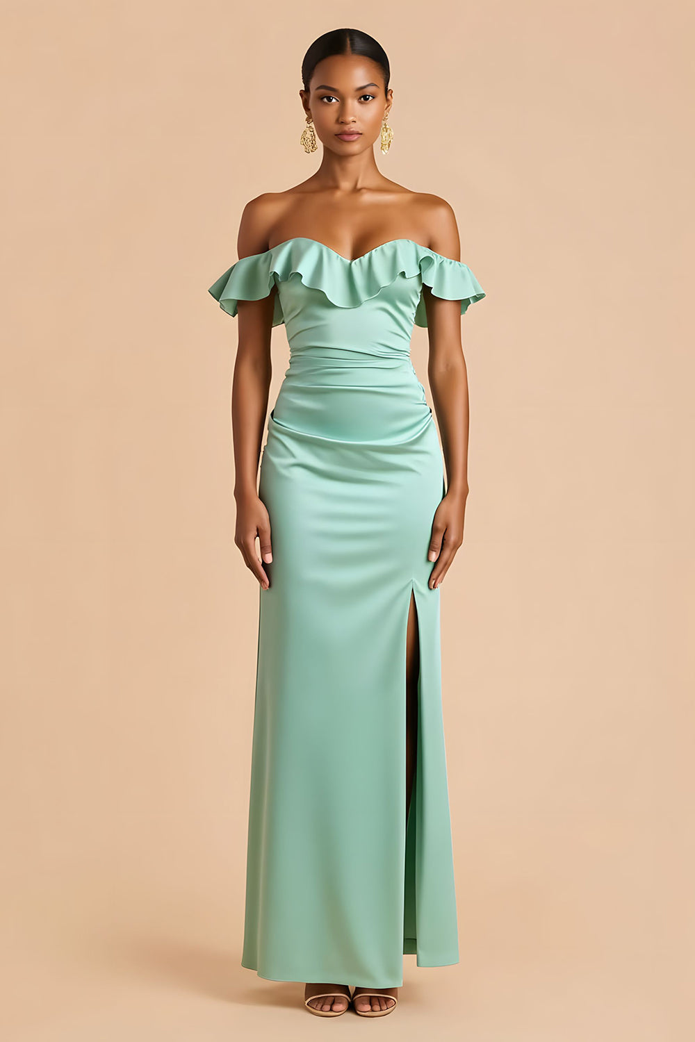 Mint Green Sheath Ruffled Off the Shoulder Long Bridesmaid Dress with Slit
