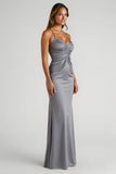 Steel Grey Sheath Spaghetti Straps Ruched Long Satin Bridesmaid Dress