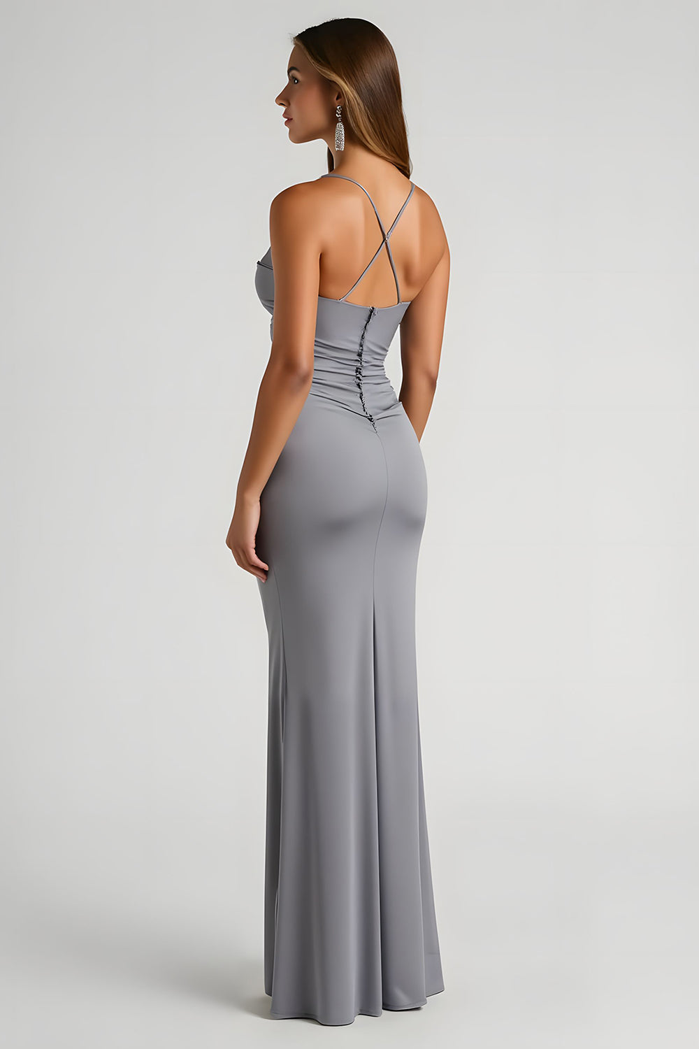 Steel Grey Sheath Spaghetti Straps Ruched Long Satin Bridesmaid Dress