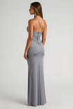 Steel Grey Sheath Spaghetti Straps Ruched Long Satin Bridesmaid Dress