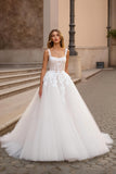 Square Neck Ivory Tulle Ball Gown Sweep Train Wedding Dress with Lace