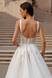 Square Neck Ivory Tulle Ball Gown Sweep Train Wedding Dress with Lace